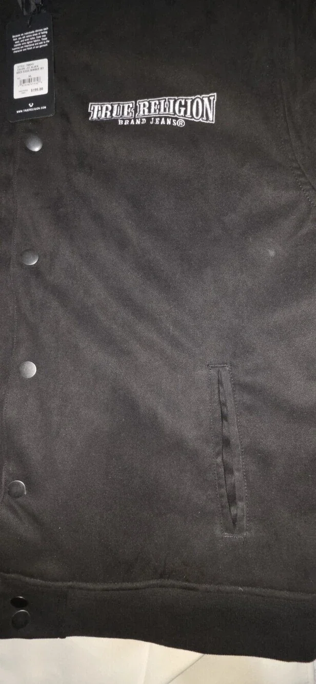 True Religion Men's Arch Suede Bomber Jacket XL with Button-Up Closure Black